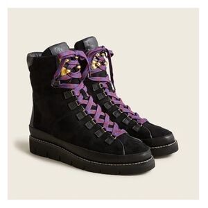 J. Crew Suede Leather Black Lace Up Boots Purple Laces